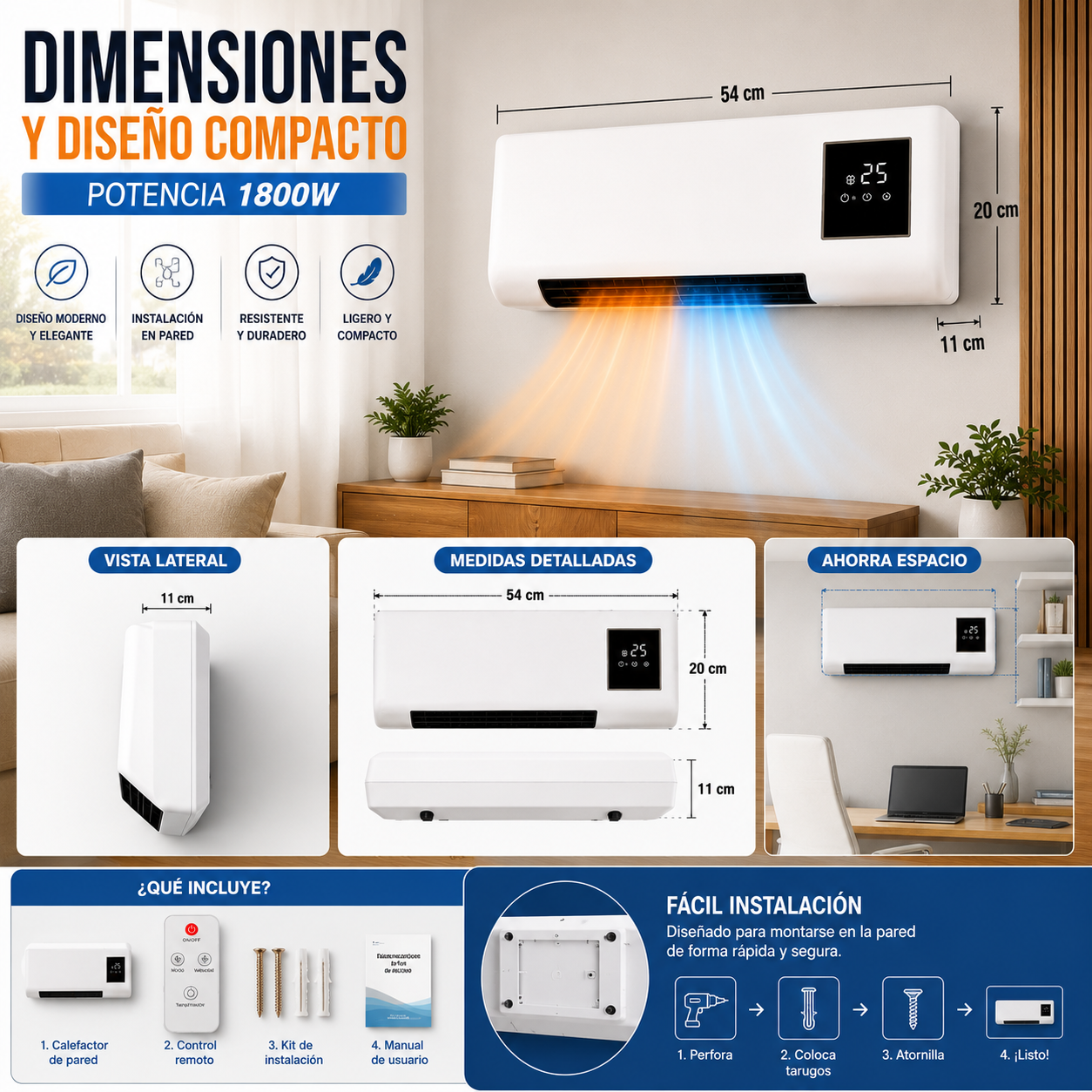 Calefactor y ventilador de pared 1800W